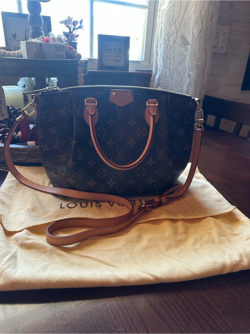 Louis Vuitton Monogram Canvas Shoulder Bag in Brown with Tan Trim